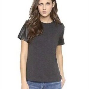 Vince charcoal tee with black leather sleeves